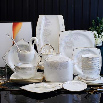 碗碟套裝家用 現代高檔輕奢方形餐具套裝骨瓷組合 景德鎮歐式碗盤