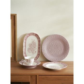肆月 盤子高級感法式西餐餐盤家用菜盤創意餐具ins風陶瓷浮雕深盤