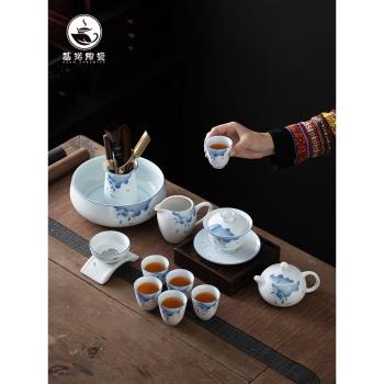 羊脂玉白瓷手繪功夫茶具套裝家用陶瓷蓋碗客廳泡茶壺茶杯子禮盒裝