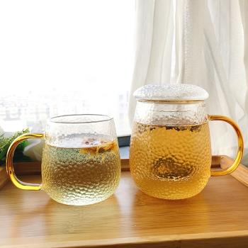日式錘紋玻璃杯耐熱透明茶杯創意加厚男女家用辦公水杯子可帶蓋