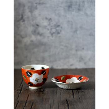 日本進口手繪山茶花米飯碗菜盤子織部赤繪描金餐具花卉少女心飯碗