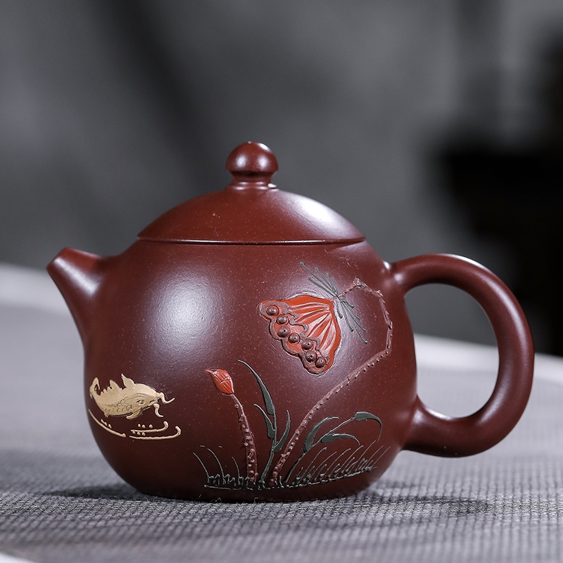 紫砂壺，中国宜興，朱泥，純手工側把壺 宜兴紫砂壶原矿紫朱泥汉瓦纯全手工宽口茶壶家用