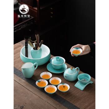 景德鎮純手繪松石綠功夫茶具套裝家用陶瓷手工荷花泡茶壺茶杯整套