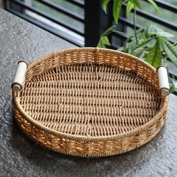 仿藤編點心籃可水洗手工編織麵包籃饅頭筐客廳家用收納筐圓形託盤