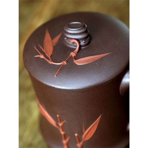一水堂宜興紫砂杯手工辦公水杯蓋杯紫泥雙色竹節杯450毫升禮品