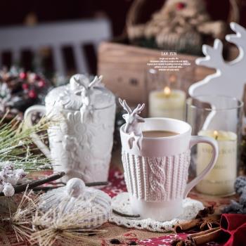 白色圣誕節 浮雕毛線蕾絲馬克杯麋鹿陶瓷杯 配蓋配勺 圣誕禮物