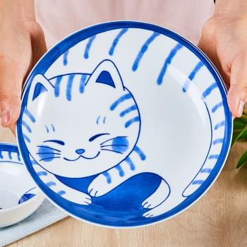 日本進口美濃燒可愛卡通貓咪虎斑貓家用餐具橢圓盤碟子深盤飯碗