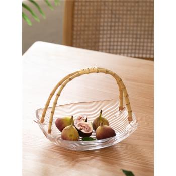 日式玻璃竹藤果盤 果籃清新創意 茶幾客廳零食點心盤 ins