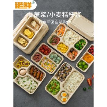 一次性餐盒紙漿環保可降解三格四4格分格外賣飯盒多格快餐盒整箱