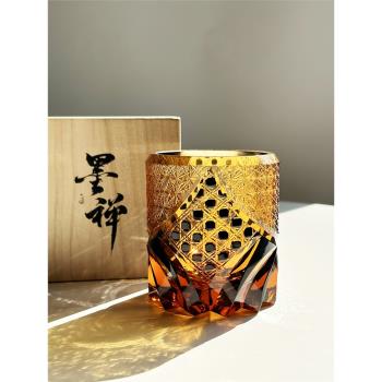 日式江戶切子手工玻璃杯復古高端威士忌酒杯黑武士個性雕花琥珀杯