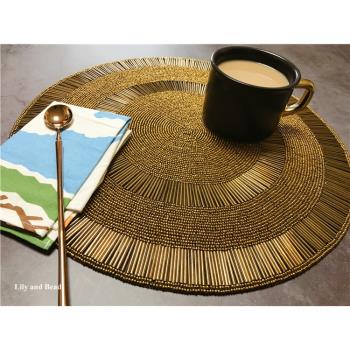 【特】金屬感棕色長管 手工珠繡餐墊 咖啡色圓形輕奢軟裝餐桌墊子