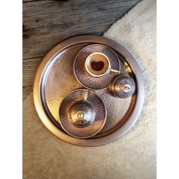 土耳其原裝進口紫銅手工咖啡托盤琺瑯彩復古歐式宮廷雕花銀色圓形