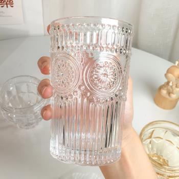 ins北歐風太陽花水杯 復古浮雕玻璃杯網紅家用女高顏值果汁飲料杯