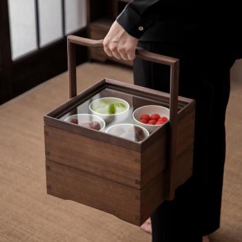 胡桃木干果盒中式茶點心堅果盤食盒多層手提零食糕點禮盒實木提籃