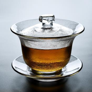 舊望格描金玻璃蓋碗家用透明泡茶碗功夫茶具創意三才碗大號底托