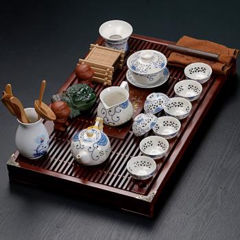 陶瓷紫砂功夫茶具套裝家用客廳白瓷茶道實木大號排水茶盤茶臺整套