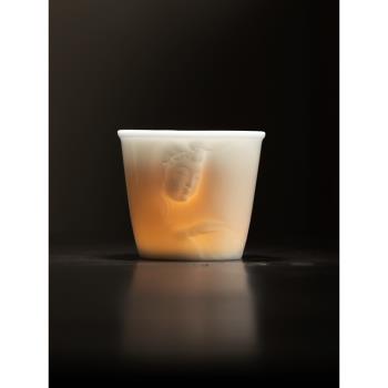 冰種玉瓷主人杯輕奢品茗杯家用中式單杯復古茶碗浮雕觀音白瓷茶杯