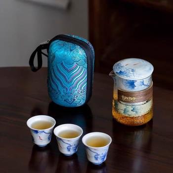 圍爐煮茶便攜式戶外旅行功夫茶具小套裝青花陶瓷快客杯露營高檔