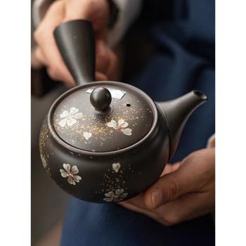 日本進口常滑燒手繪櫻花急須壺功夫茶具泡茶壺球型過濾側把沏茶壺