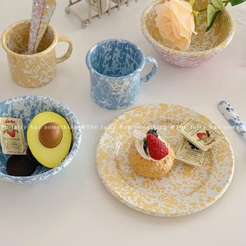 韓式ins風潑墨搪瓷早餐盤水果沙拉麥片碗咖啡馬克杯勺子網紅餐具