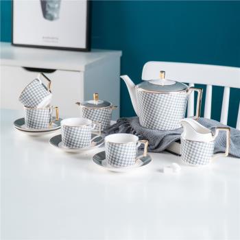 梵芙瑞Vanvery北歐陶瓷咖啡千鳥格描金高檔茶壺套裝下午茶杯碟