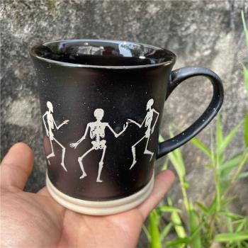 高檔浮雕跳舞骷髏陶瓷馬克杯雪花點粗陶底辦公茶杯咖啡牛奶喝水杯