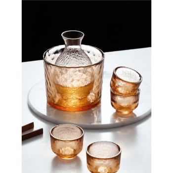 日式錘紋清酒壺套裝玻璃黃酒溫酒器燙酒壺家用一兩白酒杯咖啡金邊