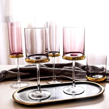 北歐輕奢彩色玻璃紅酒杯香檳杯創意柱形酒杯展廳擺臺高腳杯裝飾杯