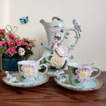 出口精品純手繪陶瓷小鳥系列茶具茶壺咖啡杯盤家用下午茶和杯碟