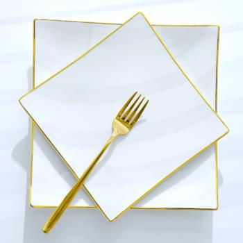 歐式金邊陶瓷西餐盤牛排刀叉盤子套裝餐具意面盤蛋糕正方形碟子