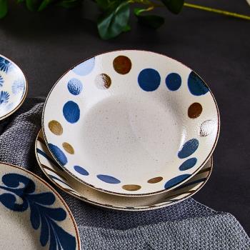 日本進口美濃燒釉下彩日式家用秋收復古粗陶餐具圓形陶瓷餐盤菜盤