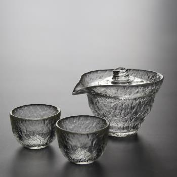 日式初雪家用簡便錘紋加厚耐熱玻璃 三才碗 泡茶蓋碗 手抓壺