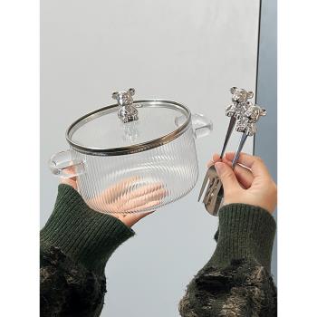 小熊泡面碗帶蓋宿舍學生玻璃雙耳湯碗大號家用方便面碗高顏值透明