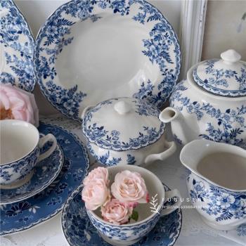 法式鄉村藍色花紋復古陶瓷下午茶紅茶具套裝咖啡杯碟壺蛋糕家用盤