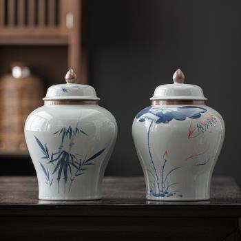 琛森 手繪將軍陶瓷茶葉罐大號密封罐家用精品普洱紅茶防潮儲茶罐