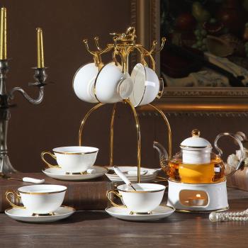 奢華金邊骨瓷下午茶花茶杯套裝水果茶養生花草茶具蠟燭加熱茶壺