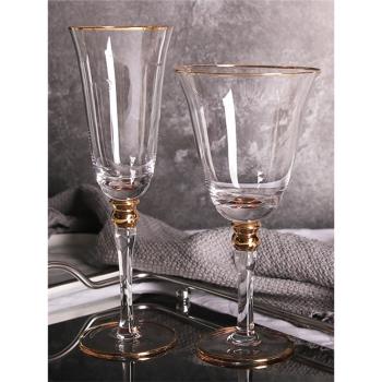 創意葡萄酒杯金邊紅酒杯香檳杯樣板間酒具軟裝飾餐桌擺件水晶玻璃