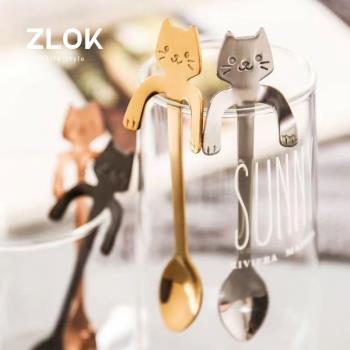 卡通小貓咪攪拌勺可懸掛304不銹鋼小勺子創意甜品勺金色咖啡勺