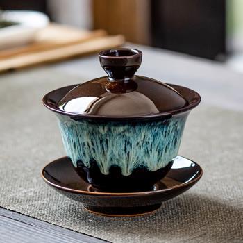 窯變建盞天目釉茶杯三才蓋碗泡茶碗大號帶蓋單個陶瓷功夫茶具家用