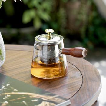 玻璃紅茶泡耐高溫泡茶壺功夫茶具家用帶過濾喝茶壺防燙木柄側把壺