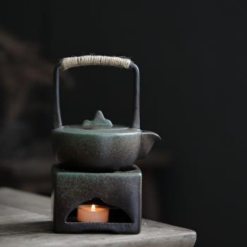 日式粗陶煮茶壺蠟燭加熱溫茶器復古日式提梁壺陶瓷蠟燭煮茶爐整套