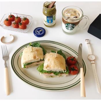 lisashop ins熱款餐盤綠色線條盤子 韓式大容量橢圓魚盤