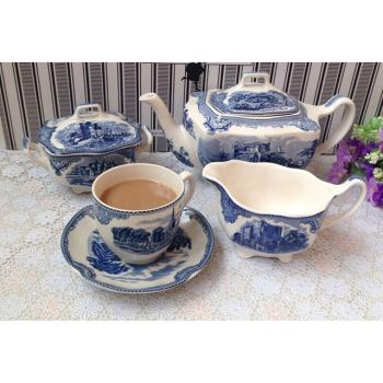 外貿出口英國Johnson brothers原單藍色城堡餐具中西餐盤子咖啡杯