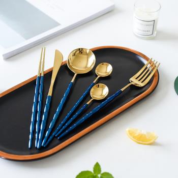歐美葡萄牙竹型藍間金白間金餐刀叉勺 咖啡勺攪拌勺筷子西餐餐具