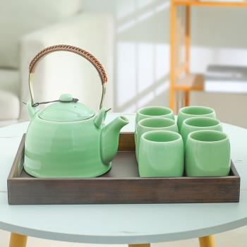 青瓷提梁壺茶具大容量1000ml泡茶壺帶過濾網涼水壺耐高溫整套家用
