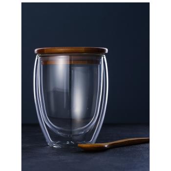 新品歐式加厚雙層透明玻璃水杯耐熱花茶杯隔熱牛奶果汁咖啡杯配蓋
