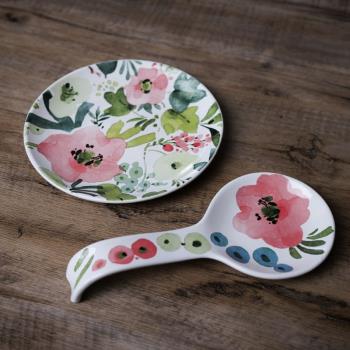 W1962歐洲高溫陶瓷釉下貼花春季花卉文藝餐盤/歐洲甜品盤花朵勺托