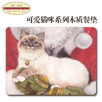 外貿出口歐美西餐墊 圣誕可愛貓咪木質餐墊桌墊軟木隔熱墊 裝飾畫