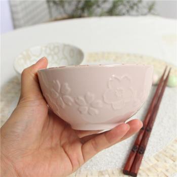 圻諾家 日式和風 釉下彩浮雕櫻花米飯碗 質樸粗陶飯碗湯碗小碗