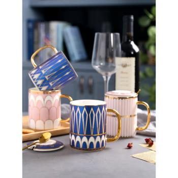 英倫風4個裝陶瓷馬克杯套裝情侶水杯杯子帶蓋勺家用咖啡杯帶托盤